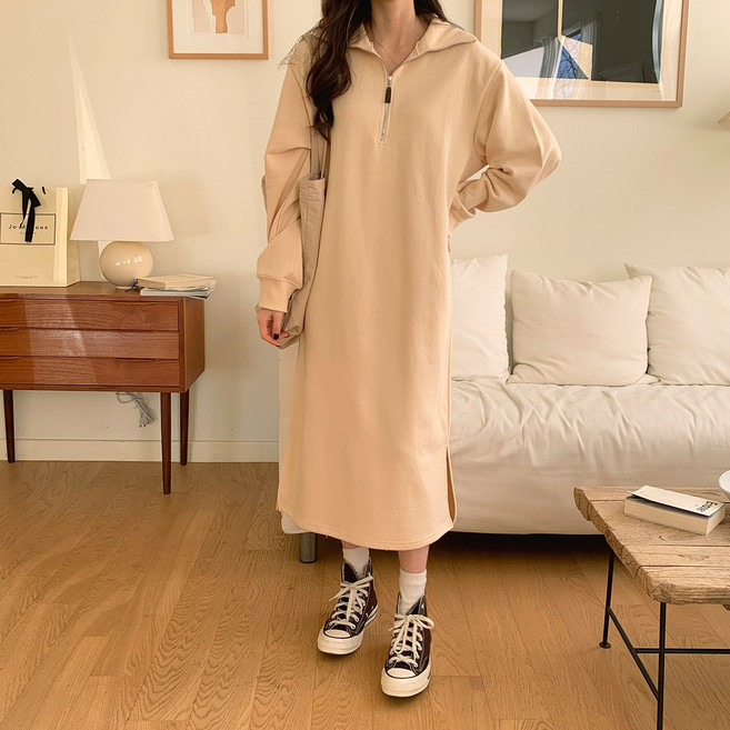 린다샵 퍼스널 박시핏 베이직 하프집업 트임 롱 원피스 cpops8492k31