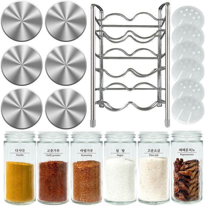 쏙쏙 고급 유리 양념랙 스텐 세트 6p, 1세트, 양념랙 + 양념통 100ml x 6p + 스텐뚜껑 6p + 중간캡 6p + 라벨 14종