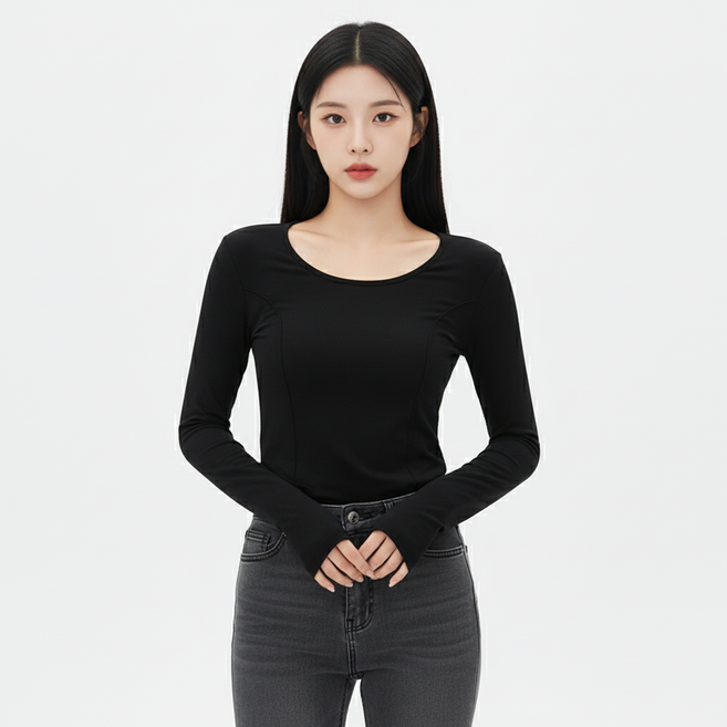 마켓피아 여성용 U넥 슬림핏 롱슬리브 티셔츠