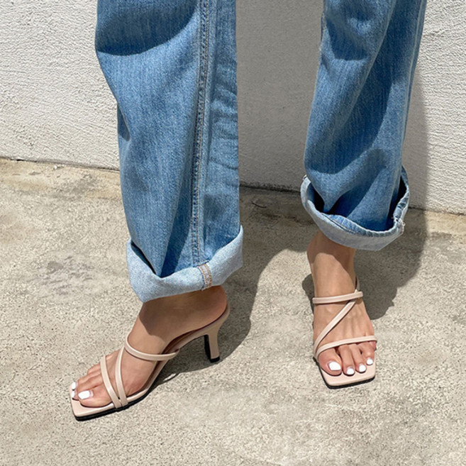 벨레페 여성용 워머스 스퀘어 스트랩 샌들힐 뮬 8cm