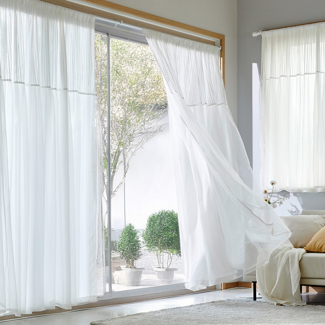 Modern House Etoile 雪紡雙層蕾絲圓點穿桿式長窗簾 2入, 白色