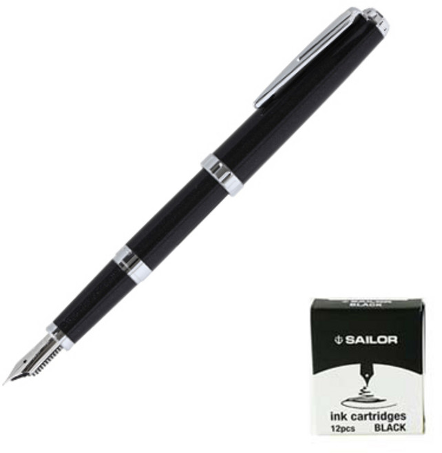 세일러 만년필 레그러스 블랙 은장 + 잉크카트리지 12p 실속세트, F, 블랙(만년필), 검정(잉크)