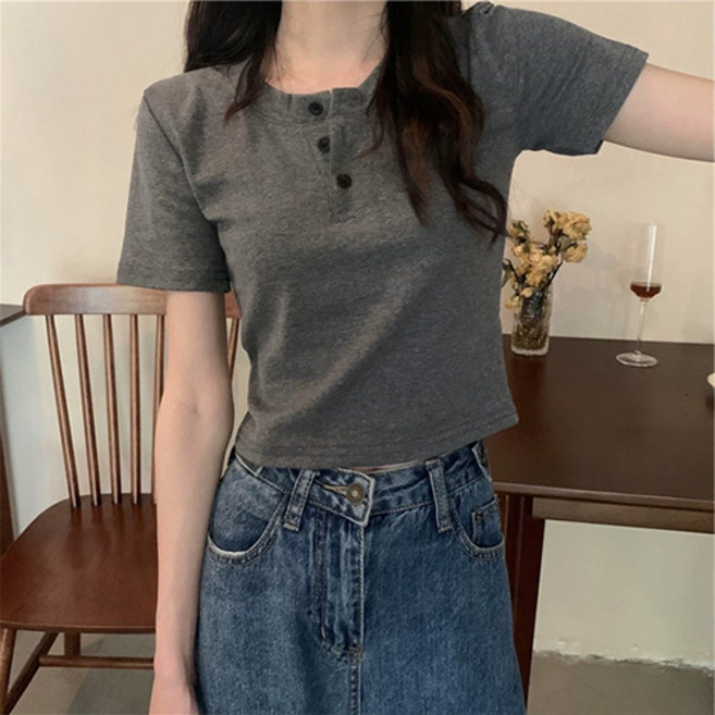 더플로우커머스 여성용 헨리넥 슬림핏 크롭 반팔 티셔츠