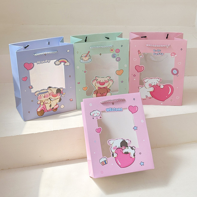 리드홈 하트퍼피 생일 선물 답례품 투명창 종이 쇼핑백 4종 세트, 1세트, 혼합색상