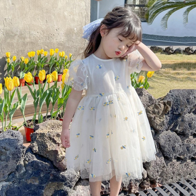 JOYMULTI MK 女童奶油花朵紗質蕾絲刺繡連身裙