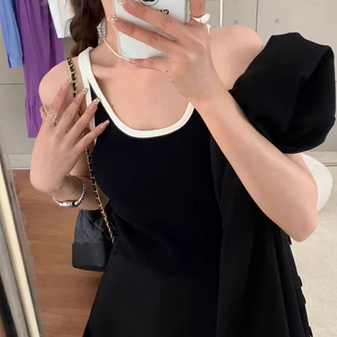 더시럽 여성용 포인트 배색 라인 니트 나시