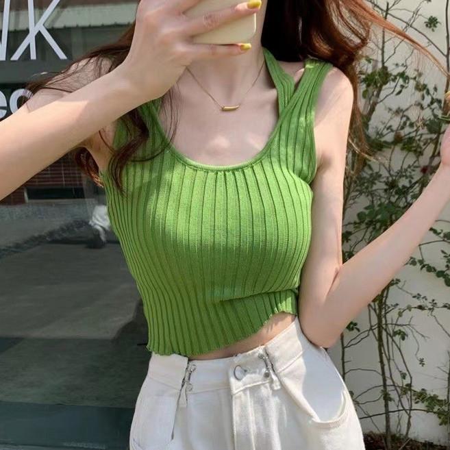 더시럽 여성용 홀터 스트랩 골지 크롭 나시