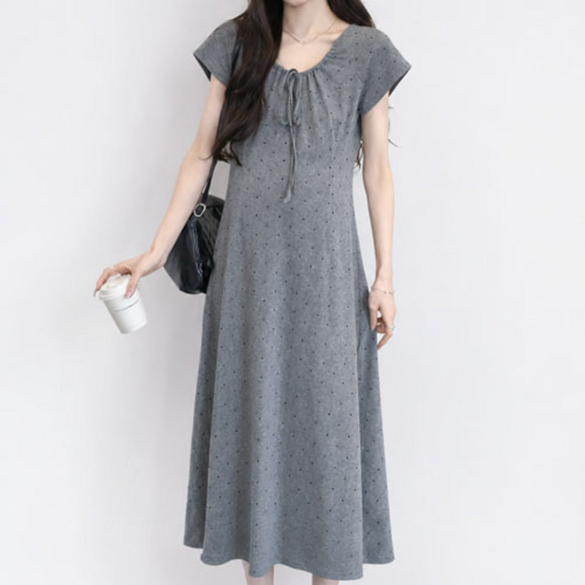 I CAN SIMPLE 荷葉邊圓點短袖蝴蝶結領孕婦洋裝