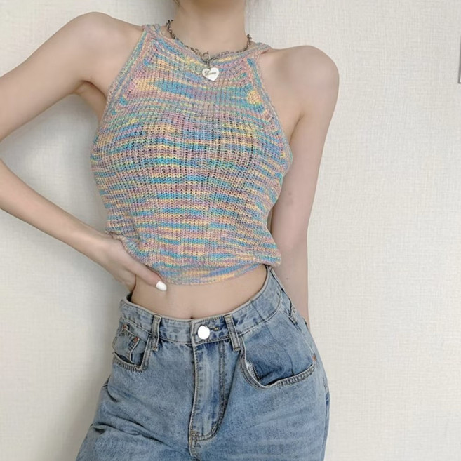 더시럽 여성용 코튼캔디 홀터넥 니트 캐미솔 나시