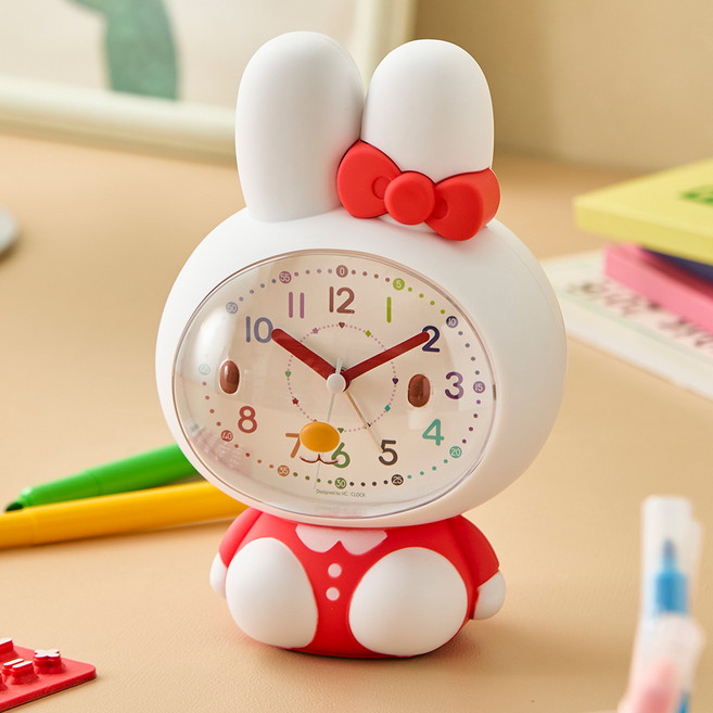 HC CLOCK 熱時鐘 旋律蝴蝶結兔子教育用靜音鬧鐘檯鐘, 白色