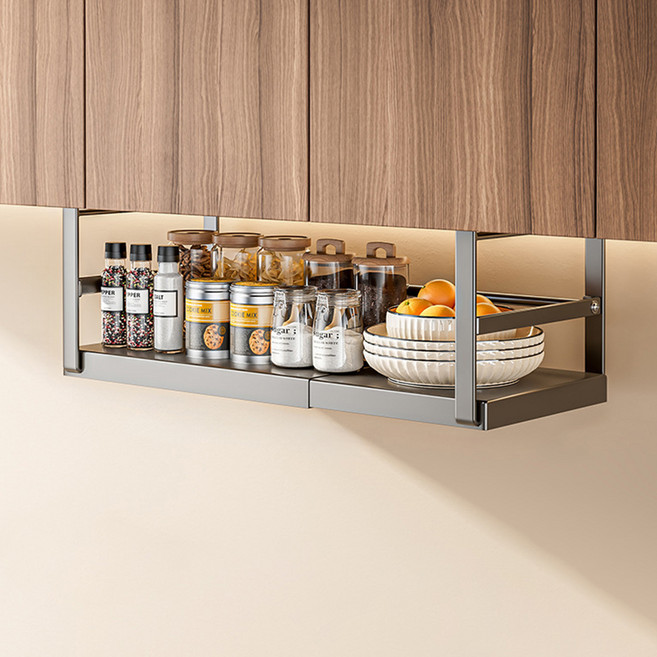 21세기트랜드 슬라칸 무타공 주방 선반 걸이 상부장 길이조절 정리 선반 랙 조절형, 블랙, 1개