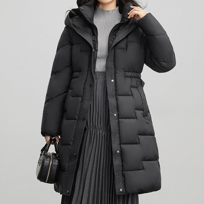 Queenis Wellon連帽腰帶絎縫長版鋪棉外套