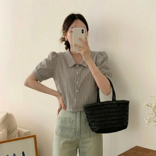 더플로우커머스 여성용 마르쉐 스트라이프 카라 퍼프 반팔 셔츠