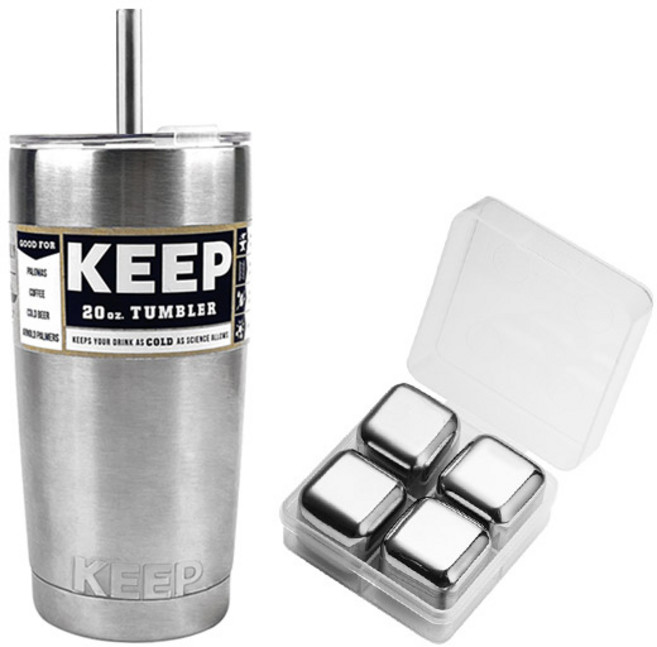 KEEP CAMPING 大容量不鏽鋼保溫保冷吸管隨行杯 + 不鏽鋼冰塊組, 銀色(隨行杯), 600ml