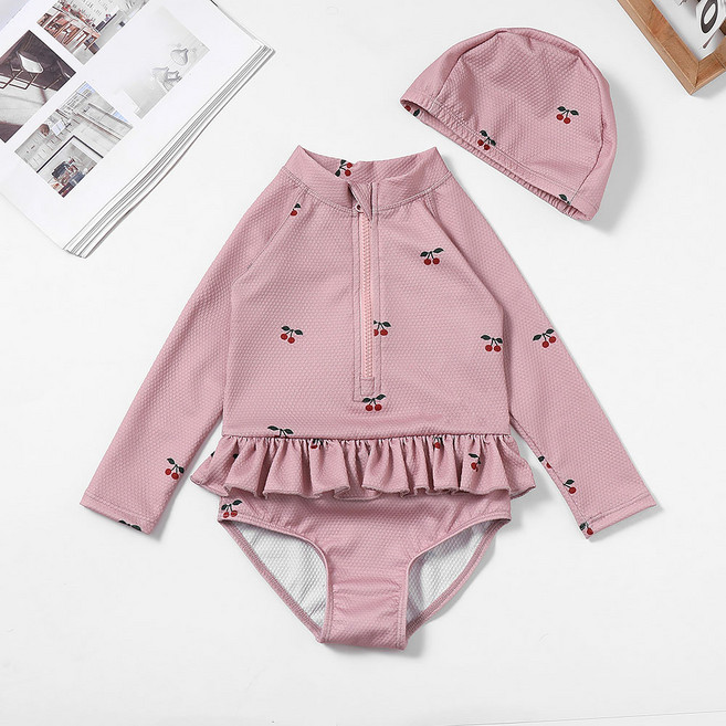 Starbean 女童半拉鍊圖案長袖泳衣 + 帽子套組