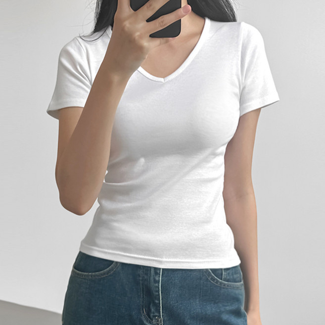 코코블린 여성용 통기성 데일리 코튼 무지 슬림핏 V넥 반팔 티셔츠