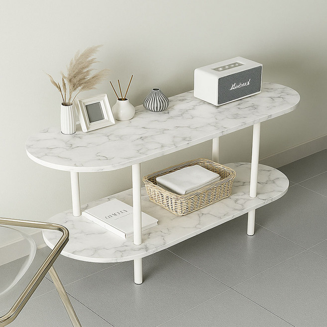 가구느낌 아노 라운드 수납 선반, 마블화이트화이트, 2단
