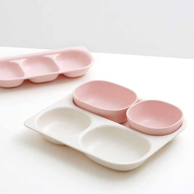 탁가온 에코젠 네모 3구 깊은식판 세트, 아이보리 + 핑크, 3구 깊은식판 + 나눔접시 + 밥공기 + 국공기, 1개