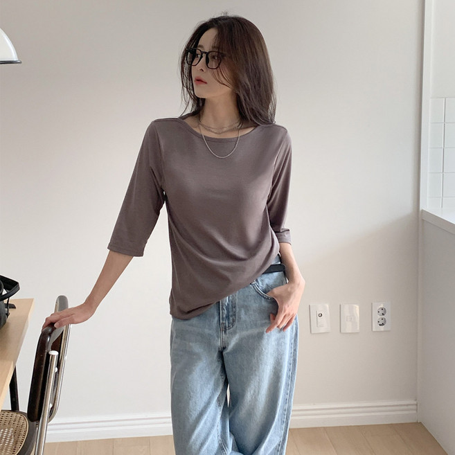 시크블랙 여성용 내타명 루즈핏 보트넥 무지 5부 티셔츠 cpt17593k62