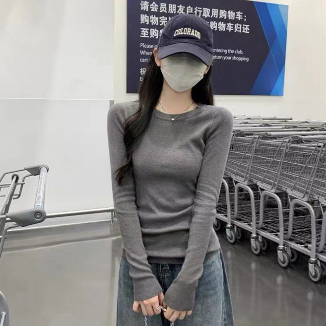 피어니스트 여성용 맘보스타일 라운드 슬림핏 긴팔 니트