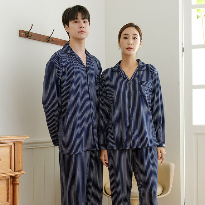 에이원 커플용 피치기모 뉴 스트라이프 카라 긴팔 잠옷 상하의 세트