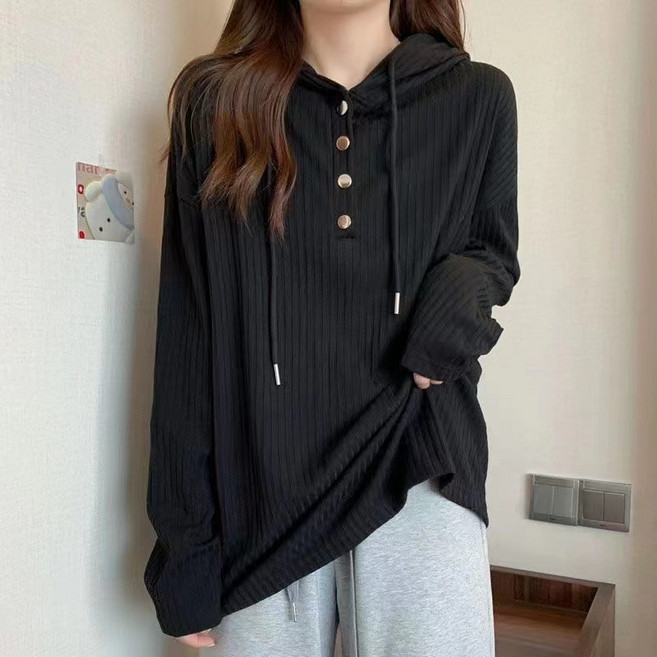 디멜디 여성용 버튼후드 골지 루즈핏 레이어드 긴팔 티셔츠