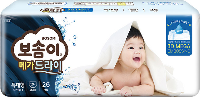 보솜이 메가드라이 팬티형 기저귀 남아용, 특대형(XL), 26매