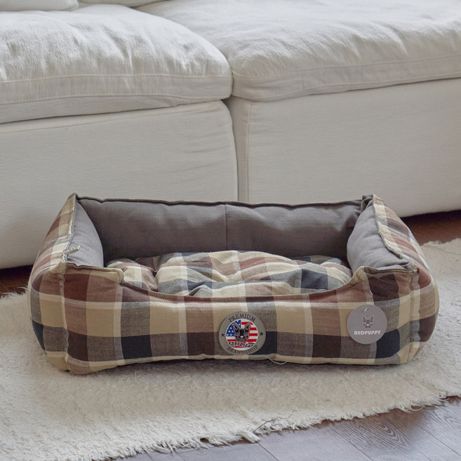 레드퍼피 반려동물 켄더쿠션 사각, 체크브라운, 1개
