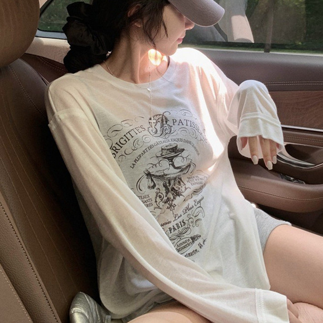 더시럽 여성용 포테인 얇은 시스루 긴팔 티셔츠