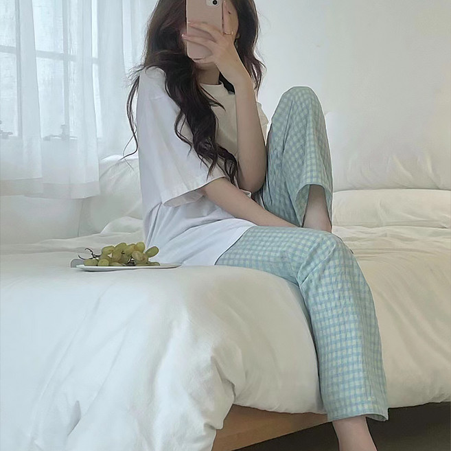 Yiple女款棉麻格紋鬆緊腰睡褲