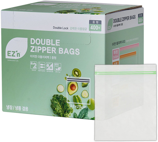 EZ'n 雙層夾鏈袋 冷藏冷凍兩用, 中(M), 400枚, 1盒