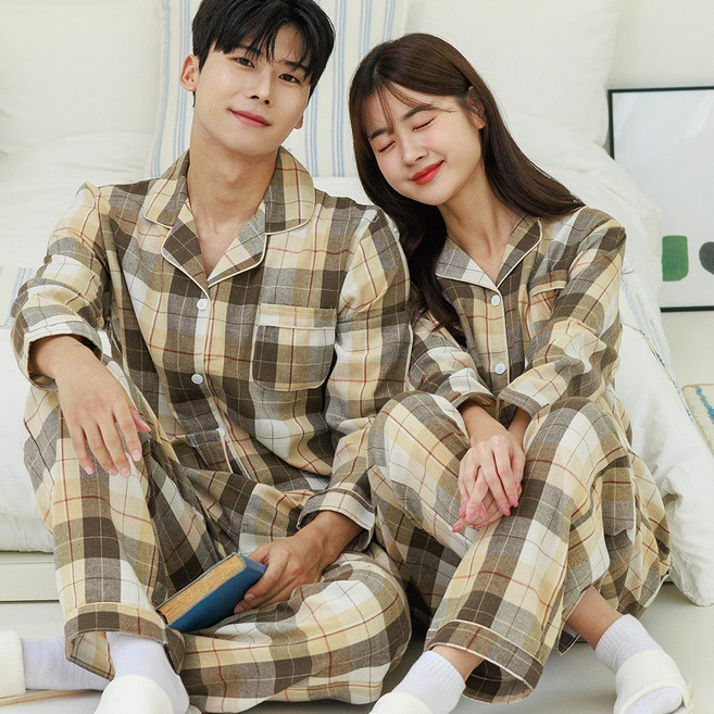 민트코코아 커플용 코지체크 긴팔 카라 잠옷 상하의 세트