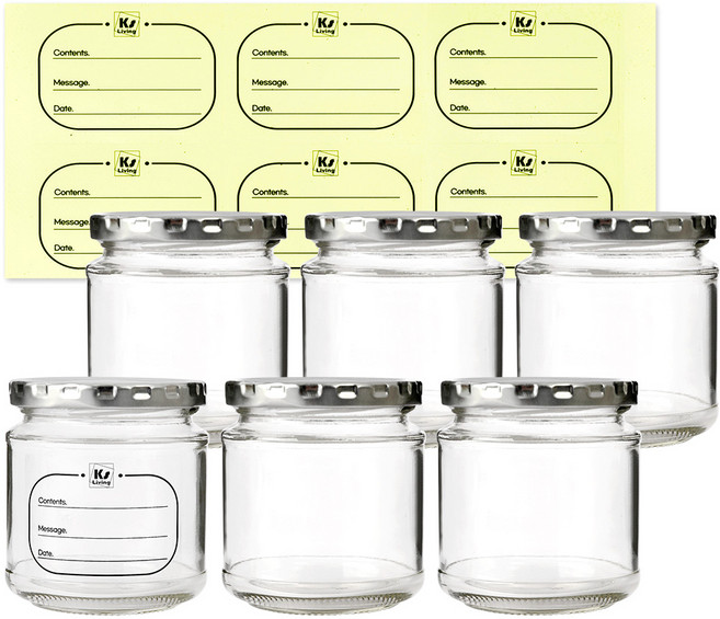 경성리빙테크 원형 유리병 실버캡 6p + 라벨 스티커 세트, 260ml, 1세트