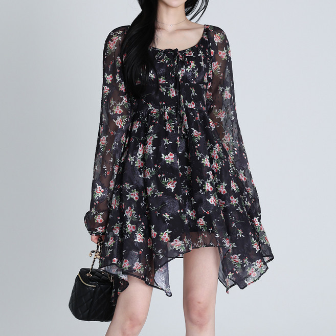 Moirbella 女款不對稱碎花迷你連身裙 T26SS2-A2635, 黑色