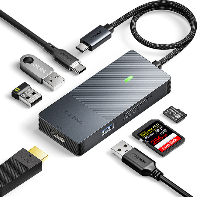 코드웨이 7포트 USB C타입 노트북 멀티허브, 블랙, 1개