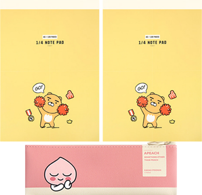 카카오프렌즈 모던스타일미니 플랫 펜슬케이스 + 치얼업 패드 노트 2p, 핑크(펜슬케이스), 라이언(노트), 1세트