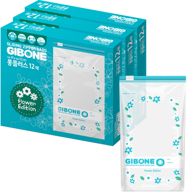 기본에 프레시키퍼 슬라이딩 지퍼백 플라워에디션 롱플러스, 롱, 12개입, 3개