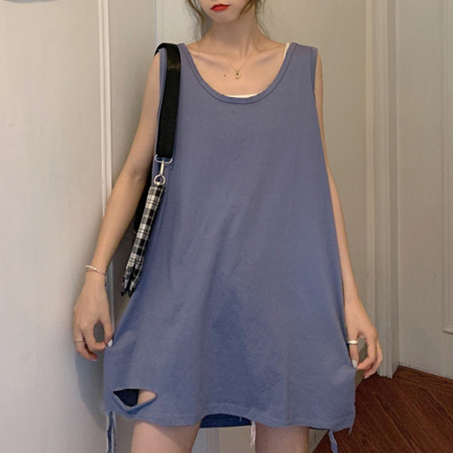 MeiChel 女款寬鬆無袖長版T恤