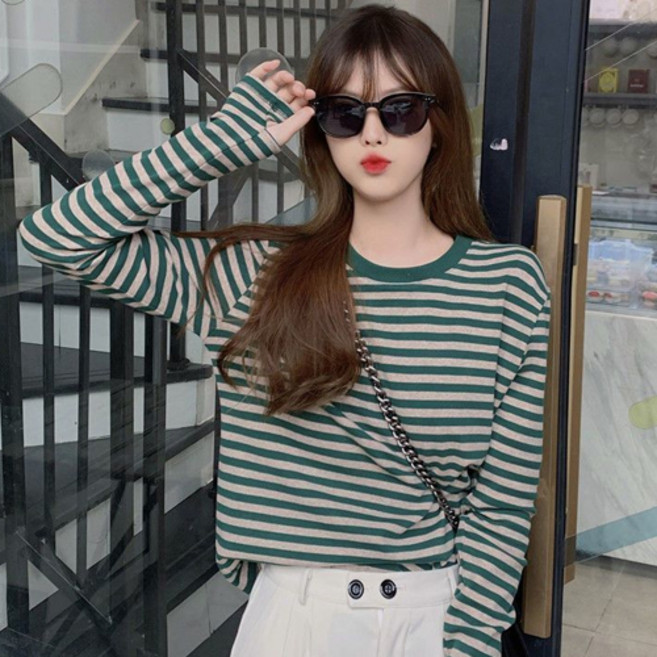 아이캔심플 여성용 스프링 비숑 스타일 스트라이프 데일리 티셔츠