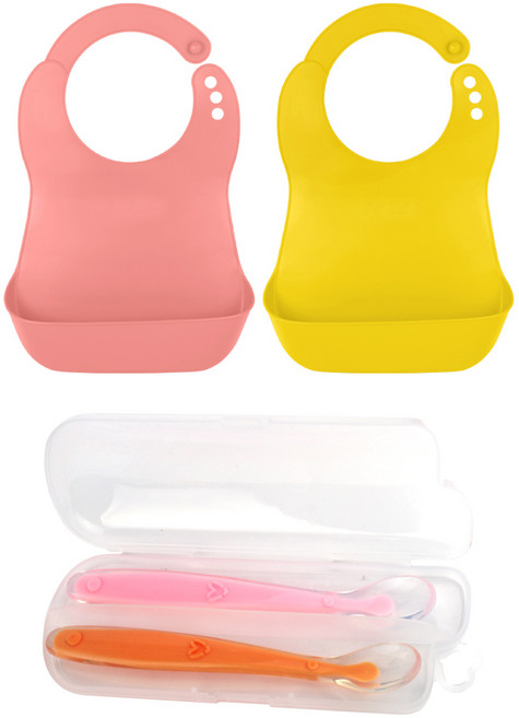 베베락 소프트 이유식 턱받이 2p + 실리콘 피딩스푼 2p + 스푼케이스 1p, 피치핑크 + 머스타드 + 오렌지 + 핑크, 1세트