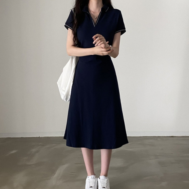 PEONIST 撞色V領洋裝 含大尺碼, 海軍藍