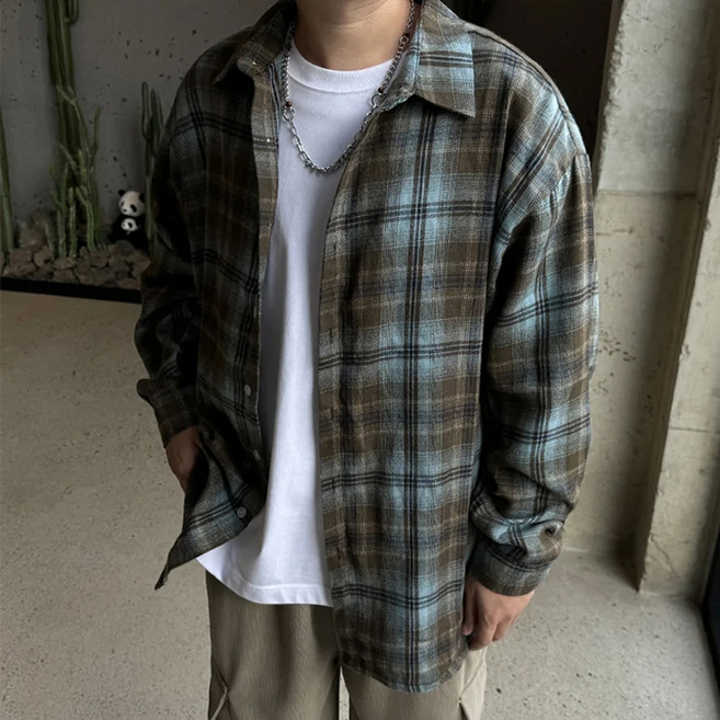 머시따 남녀공용 피치 체크 오버핏 퍼프 셔츠