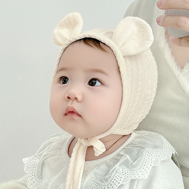 우주아이 신생아용 패턴 곰돌이귀 모자