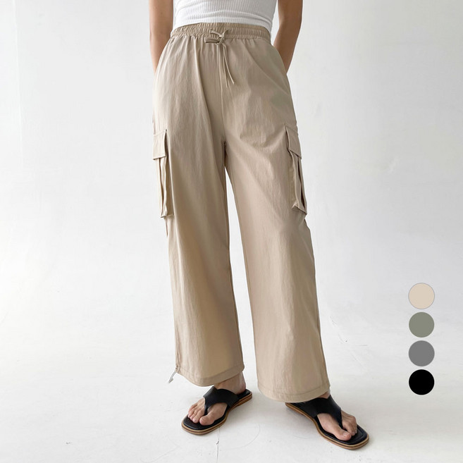 플랜데이 여성용 3기장 시원한 허리밴딩 스트링 카고 롱 팬츠 숏