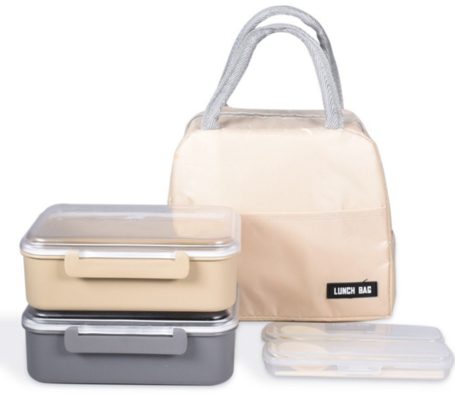 리빙오보제 데일리 런치 2단 도시락통 세트, 1세트, 베이지 + 그레이