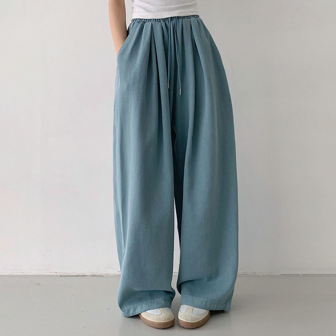 플랜데이 여성용 숏/롱 기장 시엘 핀턱 패치 코튼 와이드 팬츠