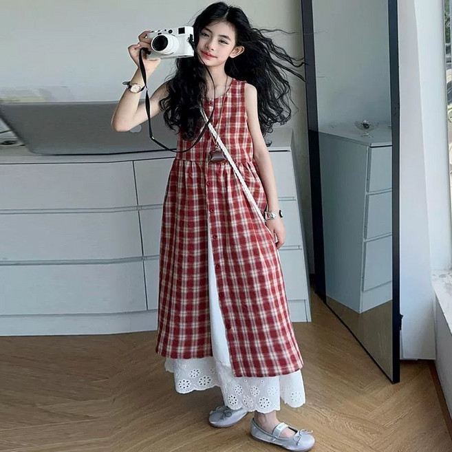 에이비프 아동용 단추 체크 원피스