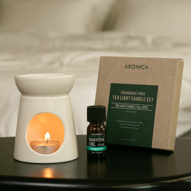 아로니카 세라믹 접시 오일 버너 50ml + 유칼립투스 에센셜 오일 10ml + 티라이트 13g x 9p 선물 세트, 화이트(버너), 1개