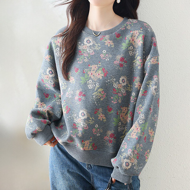 퀸이즈 여성용 플라워 패턴 라운드넥 맨투맨 티셔츠