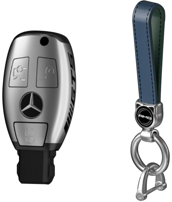 하마테 벤츠 스마트키 폴리카보네이트 풀커버 키케이스 + 가죽 키홀더 세트 A타입, 실버, HMBZ_PC3